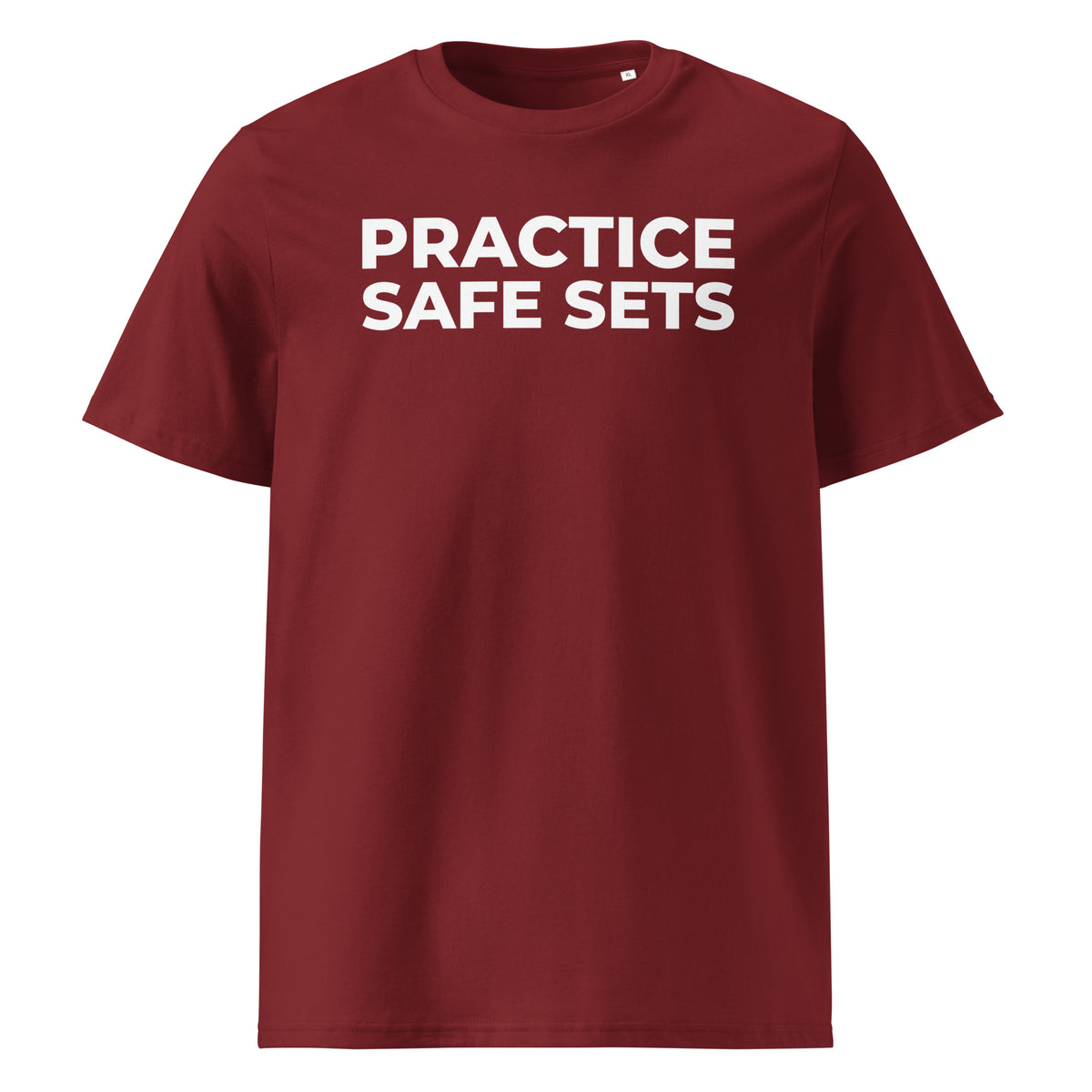 Practice Safe Sets T-Shirt in burgundy, front view