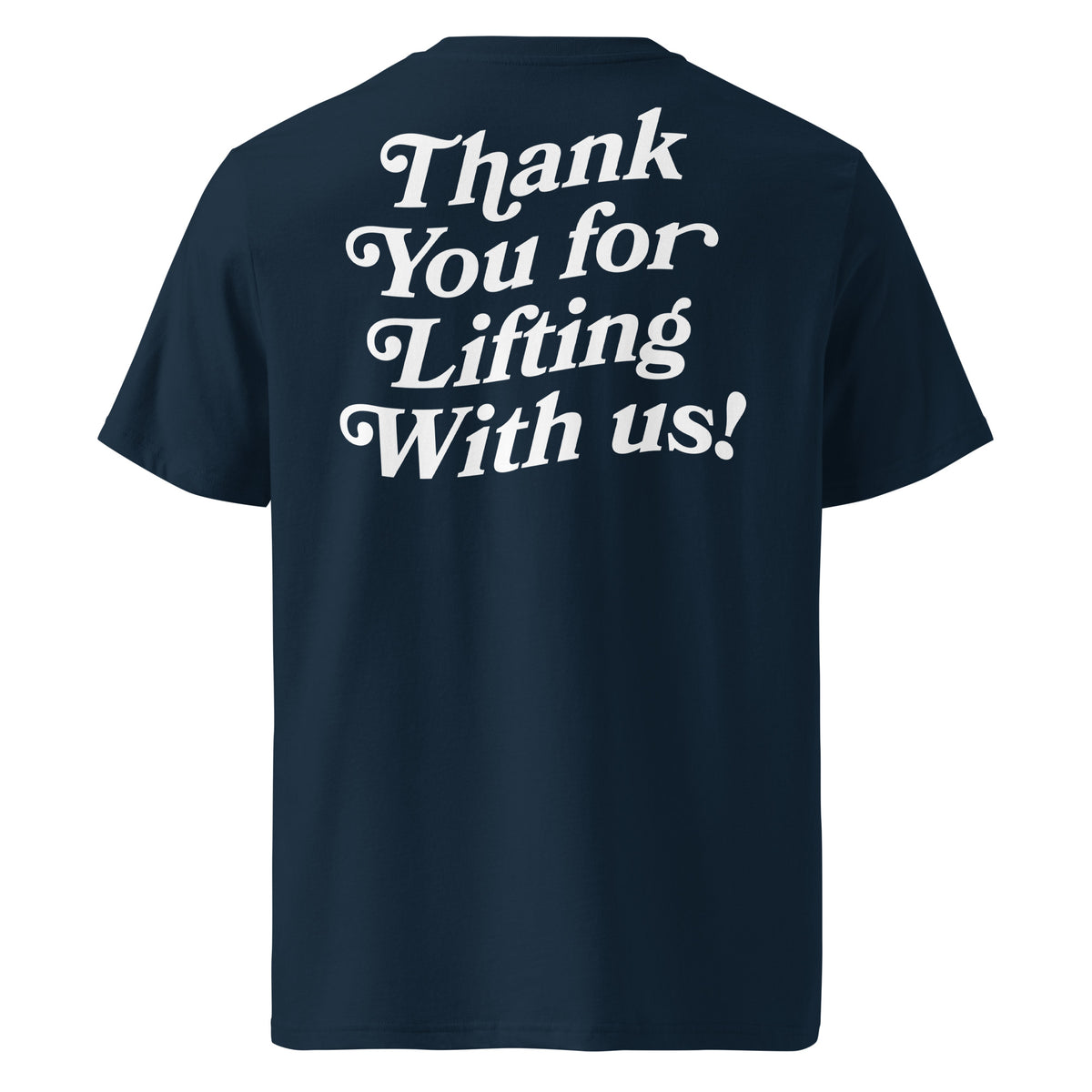 Thank You for Lifting With Us Pump Cover in french navy, back view