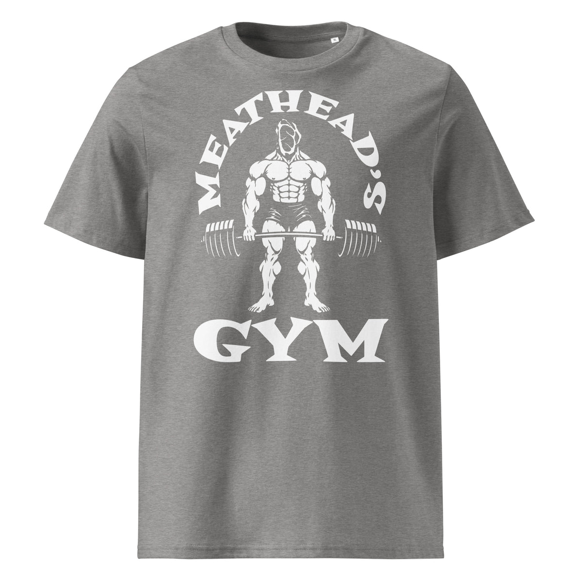 Meathead’s Gym Organic Cotton T-Shirt in heather grey, front view