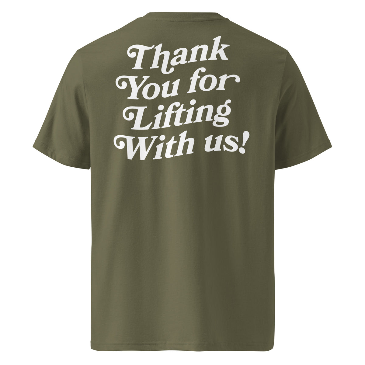 Thank You for Lifting With Us Pump Cover in khaki, back view