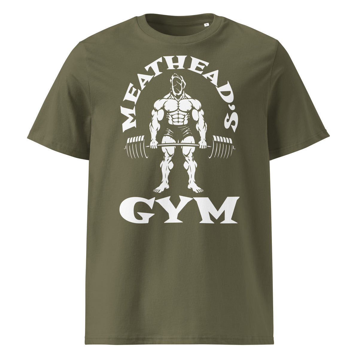Meathead’s Gym Organic Cotton T-Shirt in khaki, front view