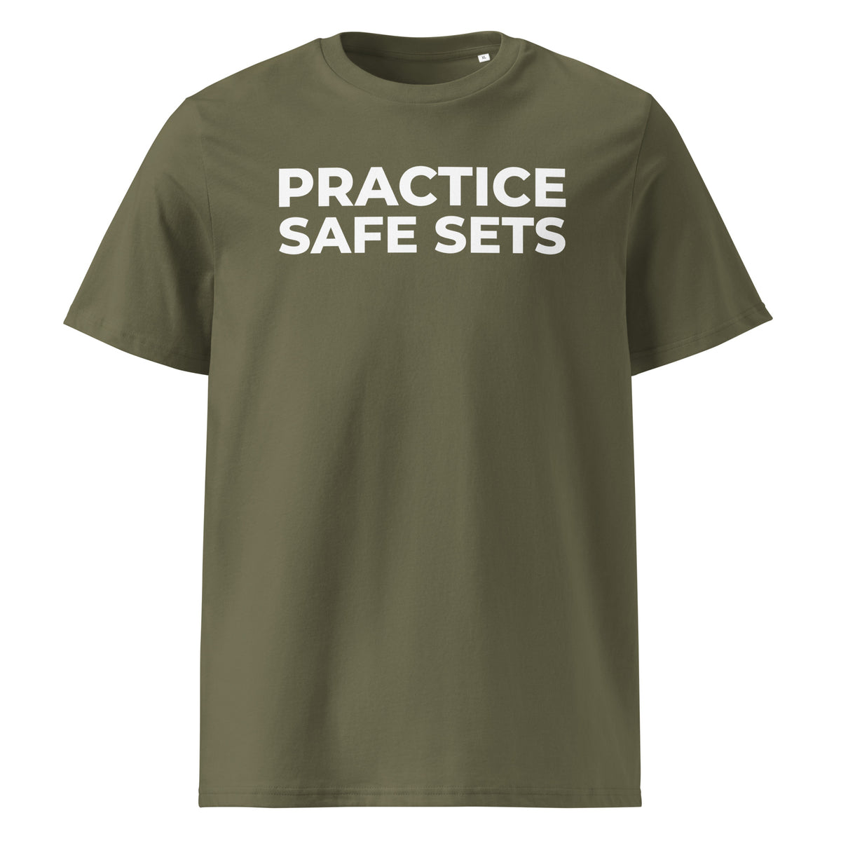 Practice Safe Sets T-Shirt in khaki, front view