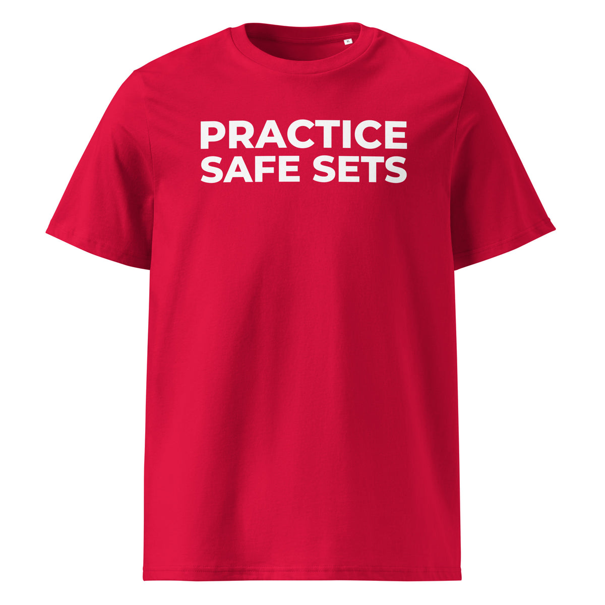 Practice Safe Sets T-Shirt in red, front view