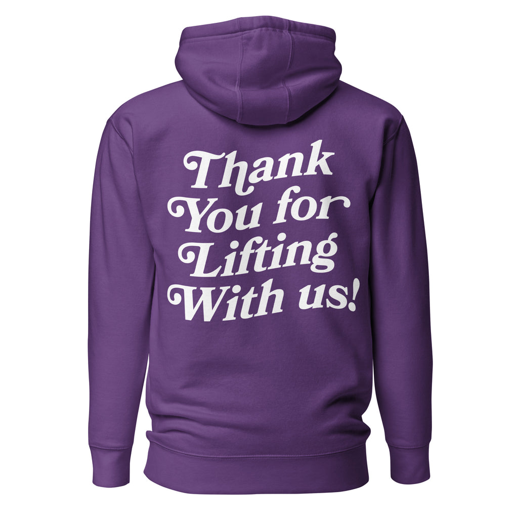 Thank You For Lifting With Us Hoodie in purple, back view