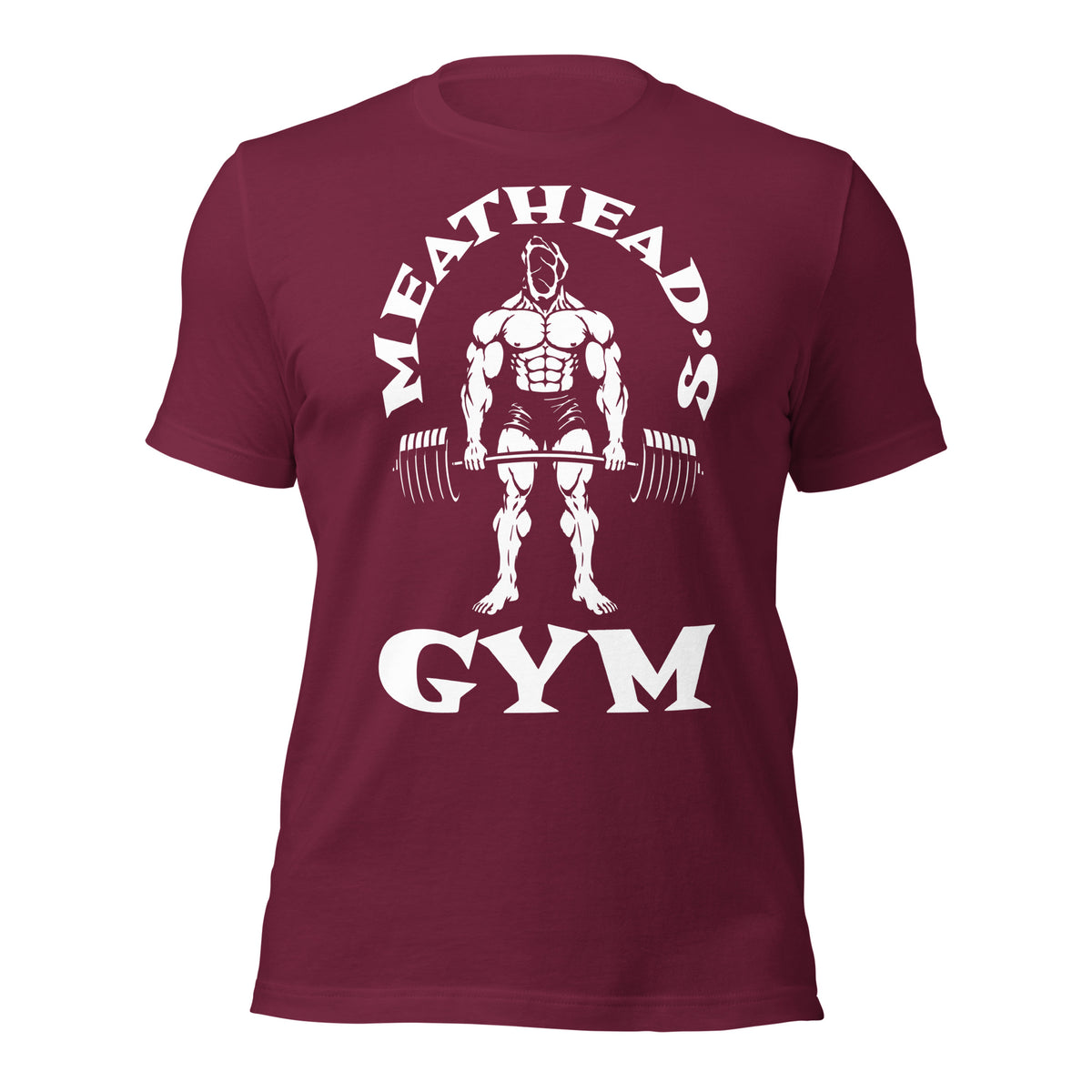 Meathead's Gym T-Shirt in maroon, front view