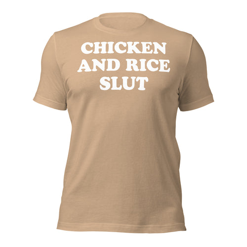 Chicken & Rice Slut T-Shirt in tan, front view