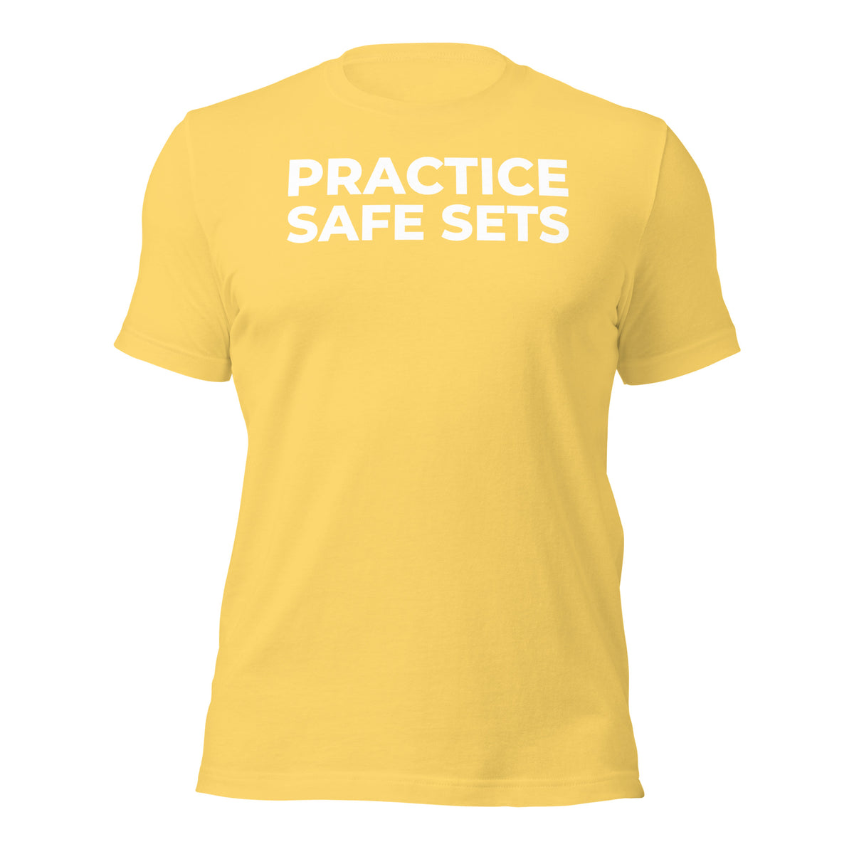 Practice Safe Sets T-Shirt in yellow, front view