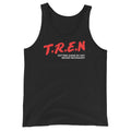 Black Tren gym tank top with red T.R.E.N. lettering, front view