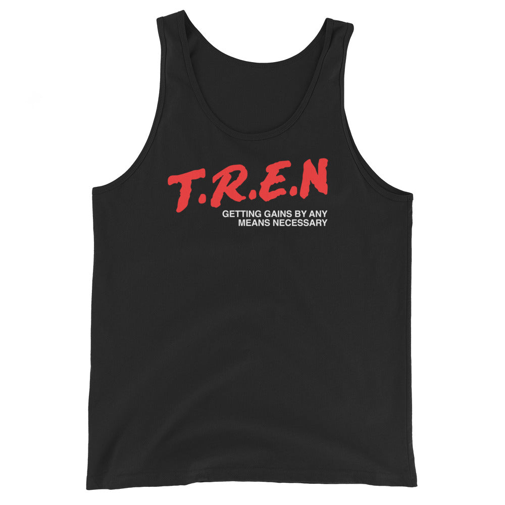 Black Tren gym tank top with red T.R.E.N. lettering, front view