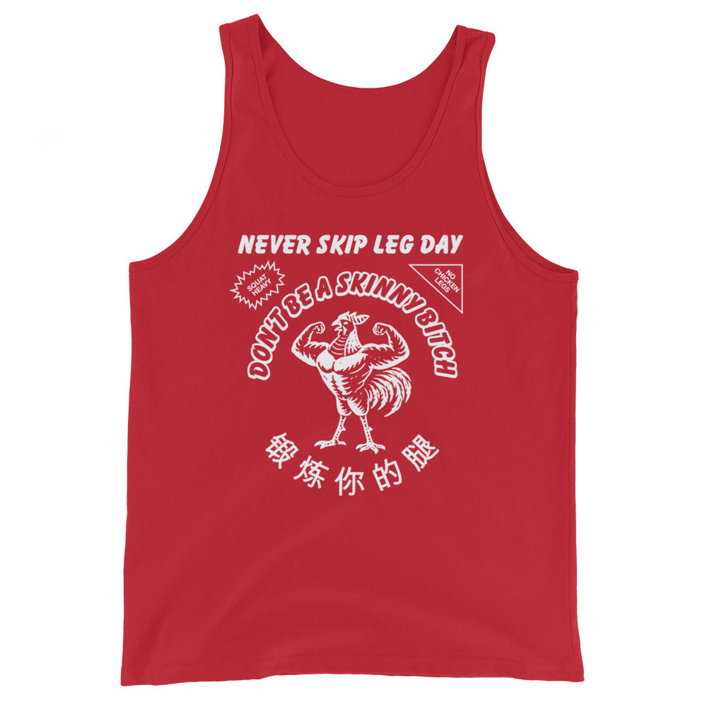 Never Skip Leg Day Tank Top in red, front view