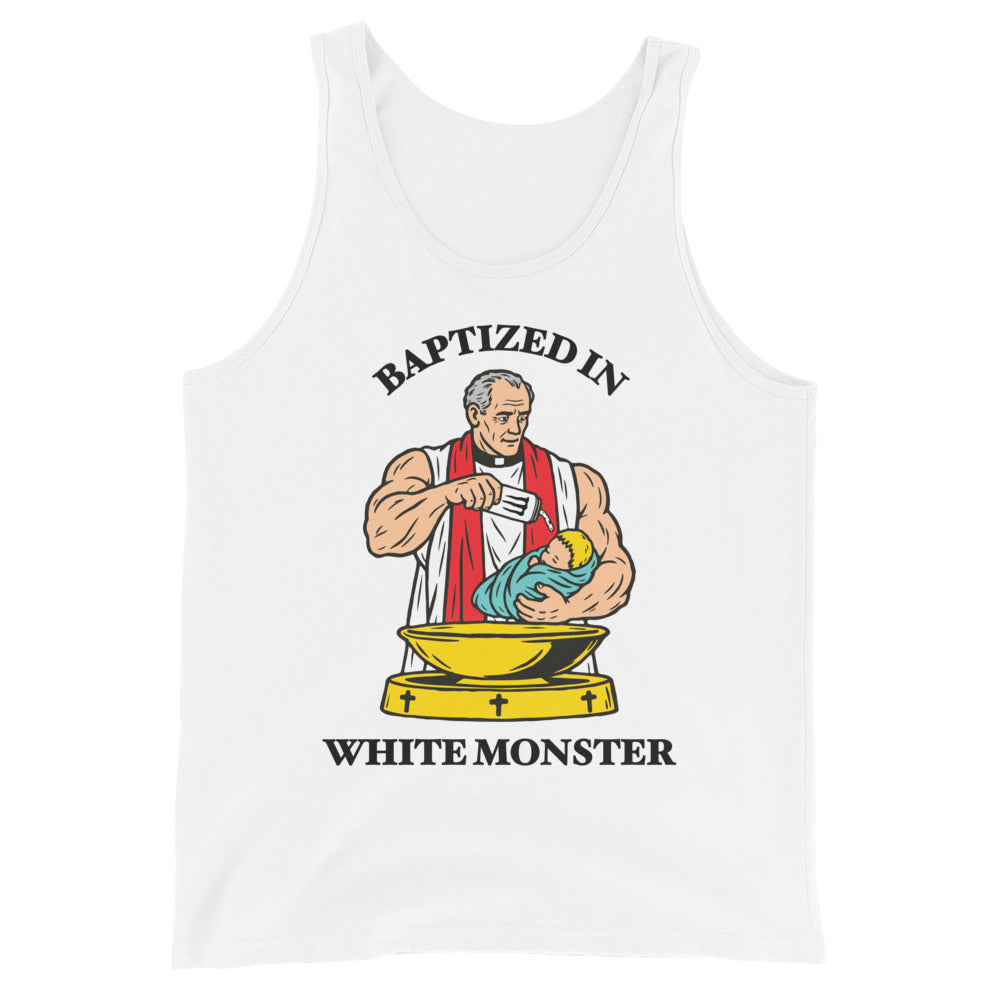Baptized In White Monster Tank Top in white, front view