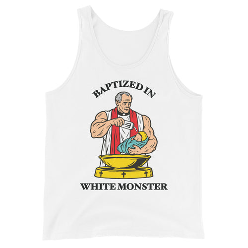 Baptized In White Monster Tank Top in white, front view